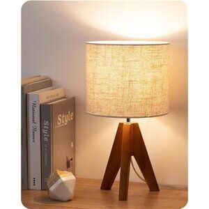 Tripod table lamp small bedside lamp linen shade wooden base bedroom nursery